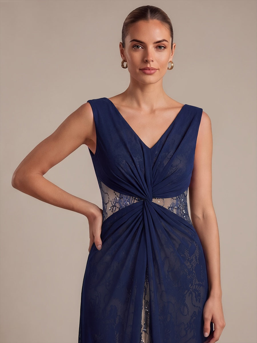 Robe maxi sans manches en V avec détails transparents #Couleur_Bleu Marine