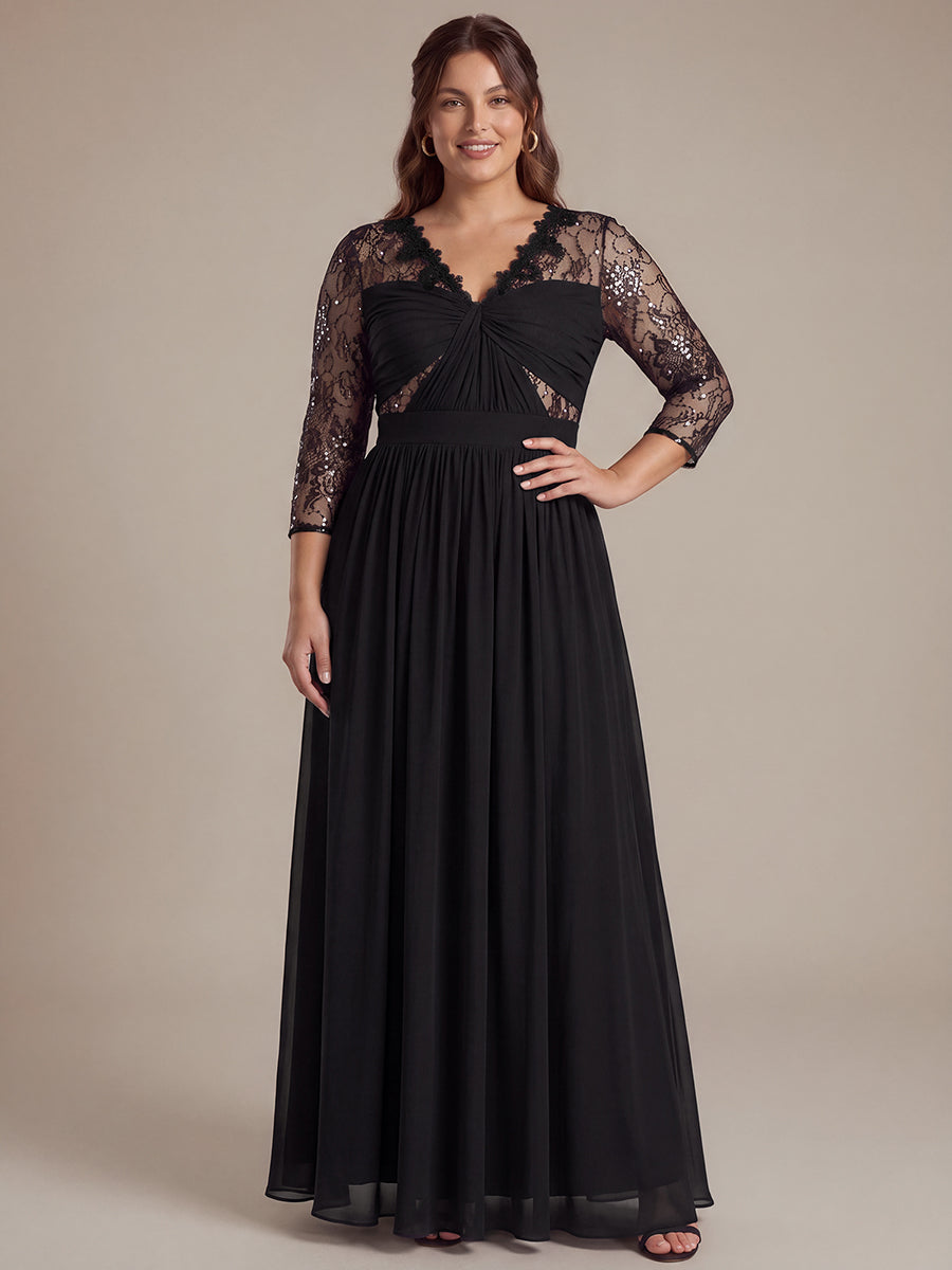 Robe maxi transparente à manches longues en V avec coupe évasée et tissu extensible #Couleur_Noir