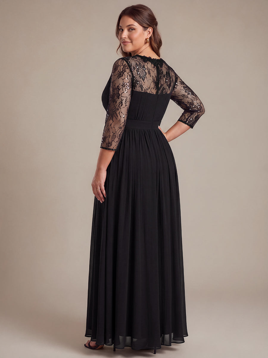 Robe maxi transparente à manches longues en V avec coupe évasée et tissu extensible #Couleur_Noir