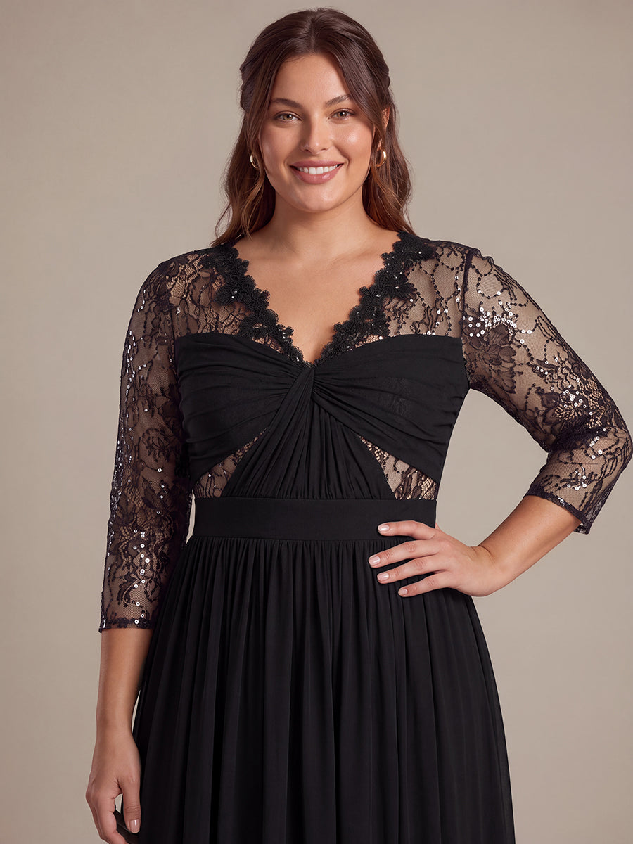 Robe maxi transparente à manches longues en V avec coupe évasée et tissu extensible #Couleur_Noir