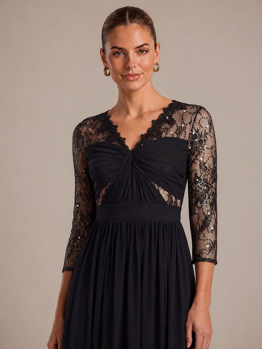 Robe maxi transparente à manches longues en V avec coupe évasée et tissu extensible #Couleur_Noir