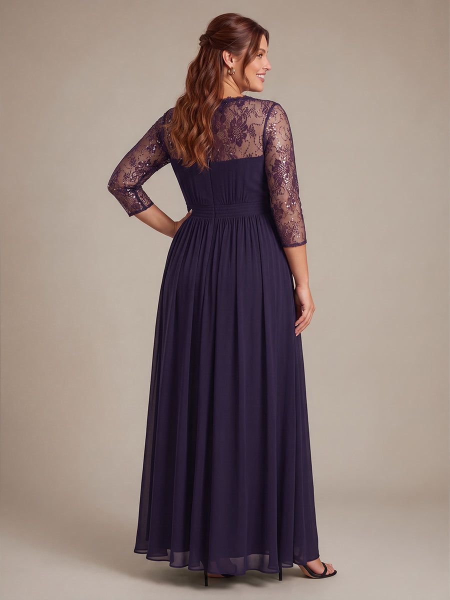 Robe maxi transparente à manches longues en V avec coupe évasée et tissu extensible #Couleur_Violet Fonce