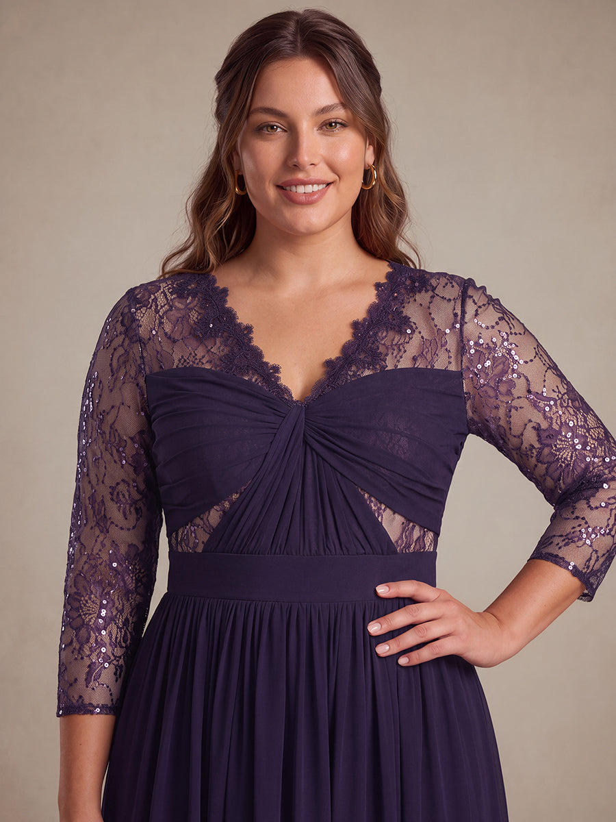 Robe maxi transparente à manches longues en V avec coupe évasée et tissu extensible #Couleur_Violet Fonce