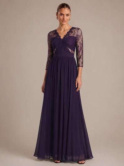 Robe longue en mousseline manches longues avec col V et coupe trapèze