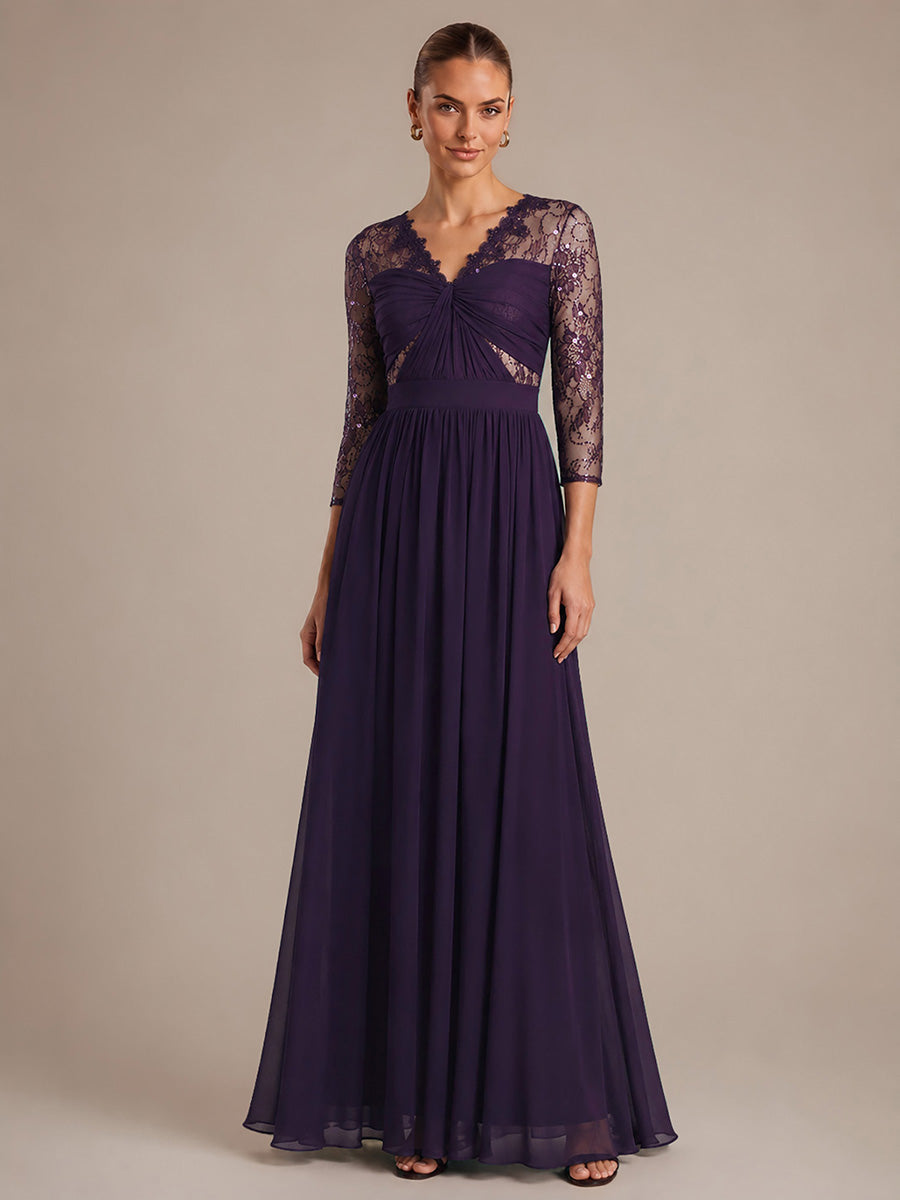 Robe maxi transparente à manches longues en V avec coupe évasée et tissu extensible #Couleur_Violet Fonce