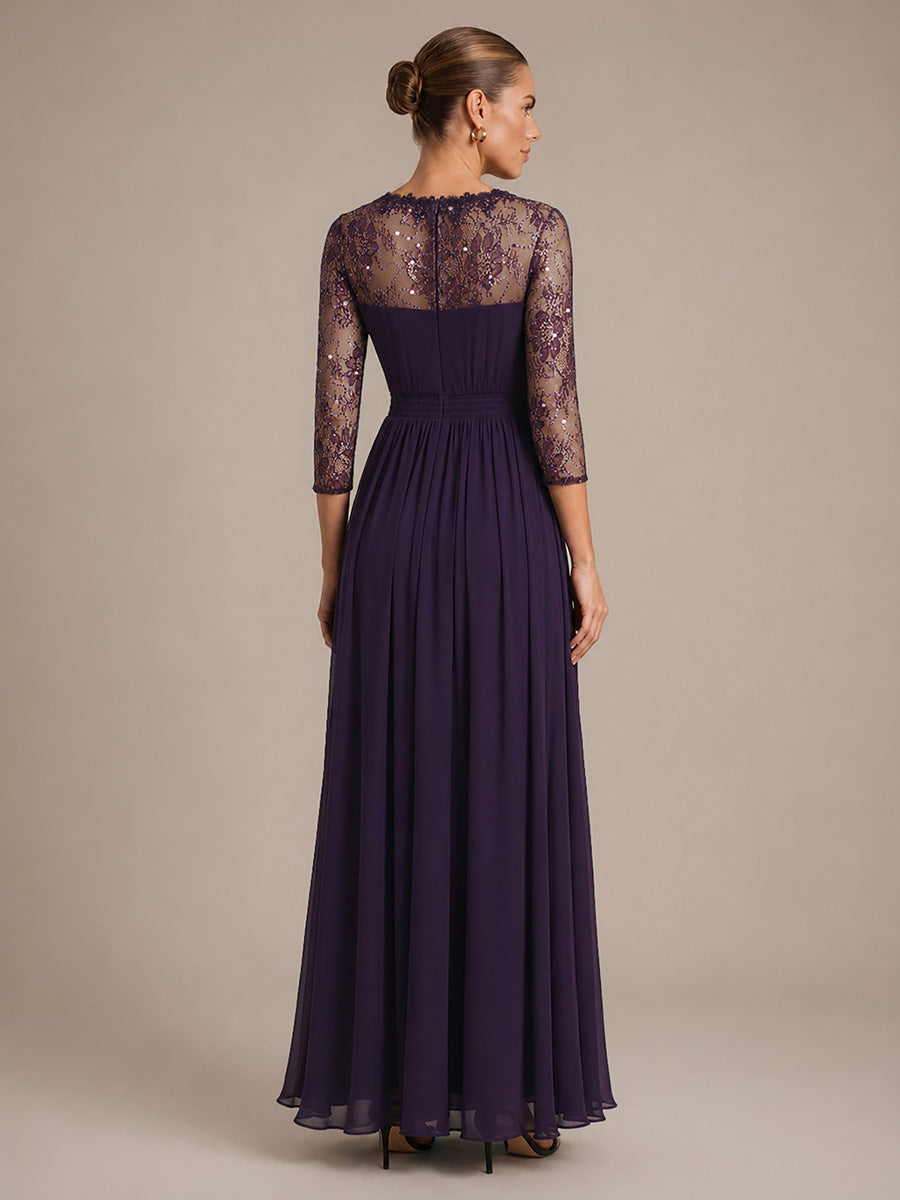 Robe maxi transparente à manches longues en V avec coupe évasée et tissu extensible #Couleur_Violet Fonce