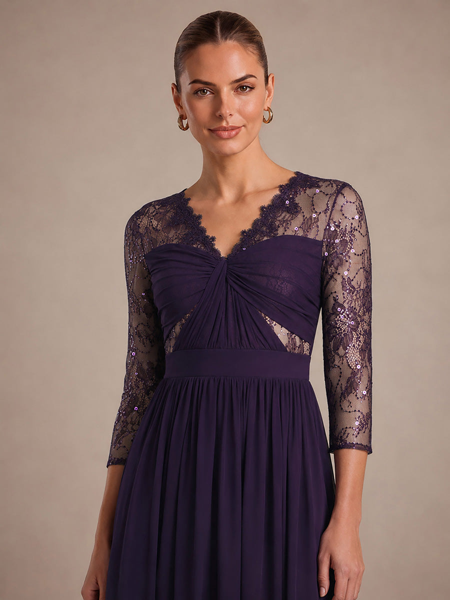 Robe maxi transparente à manches longues en V avec coupe évasée et tissu extensible #Couleur_Violet Fonce