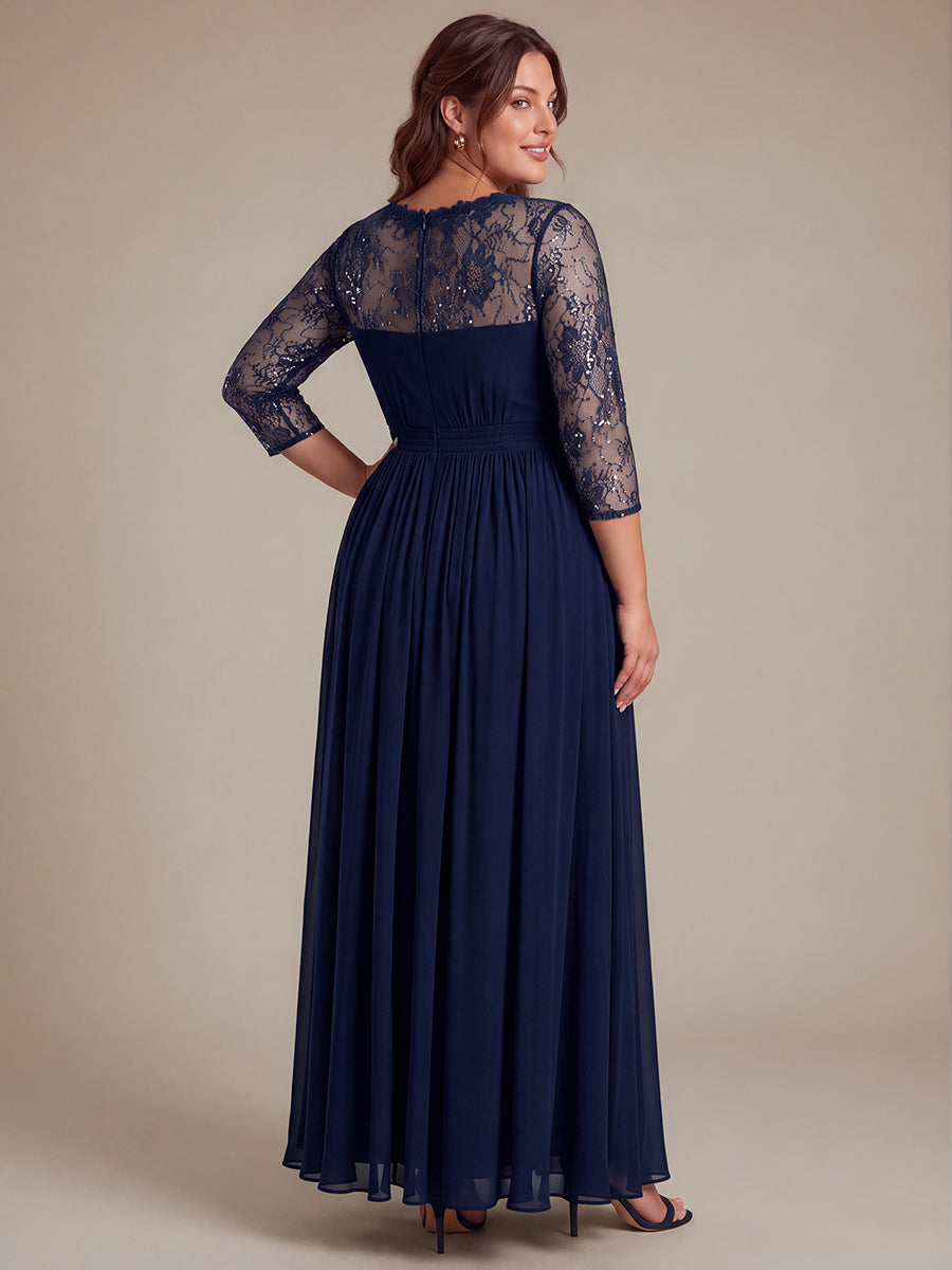 Robe maxi transparente à manches longues en V avec coupe évasée et tissu extensible #Couleur_Bleu Marine