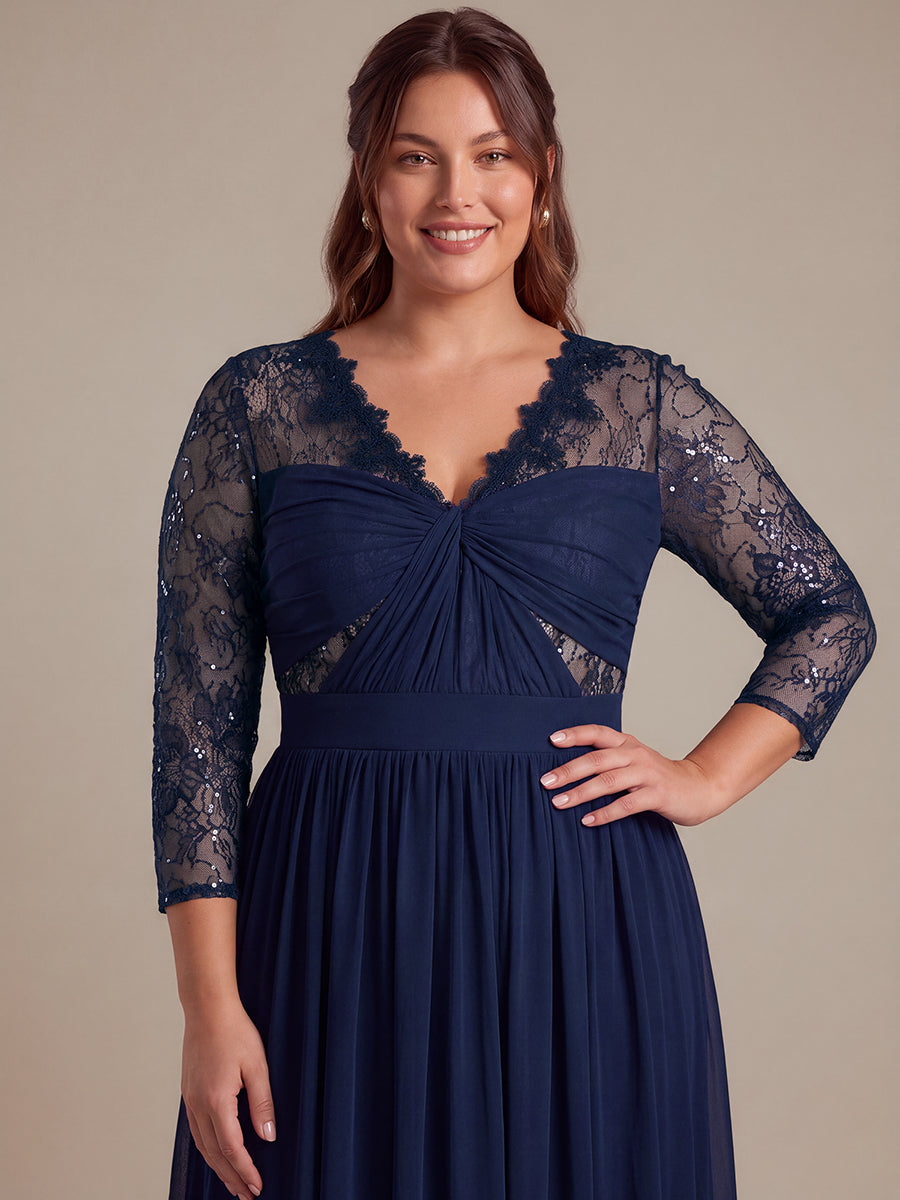 Robe maxi transparente à manches longues en V avec coupe évasée et tissu extensible #Couleur_Bleu Marine