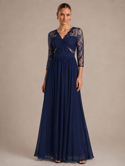 Robe longue en mousseline manches longues avec col V et coupe trapèze