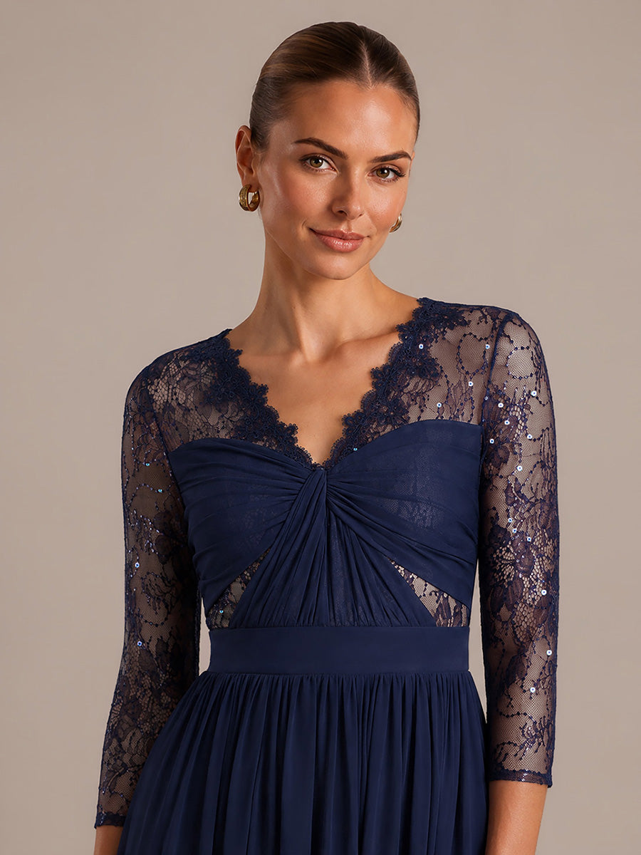 Robe maxi transparente à manches longues en V avec coupe évasée et tissu extensible #Couleur_Bleu Marine