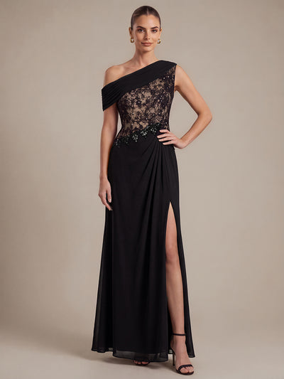 Robe longue asymétrique en mousseline avec détail transparent