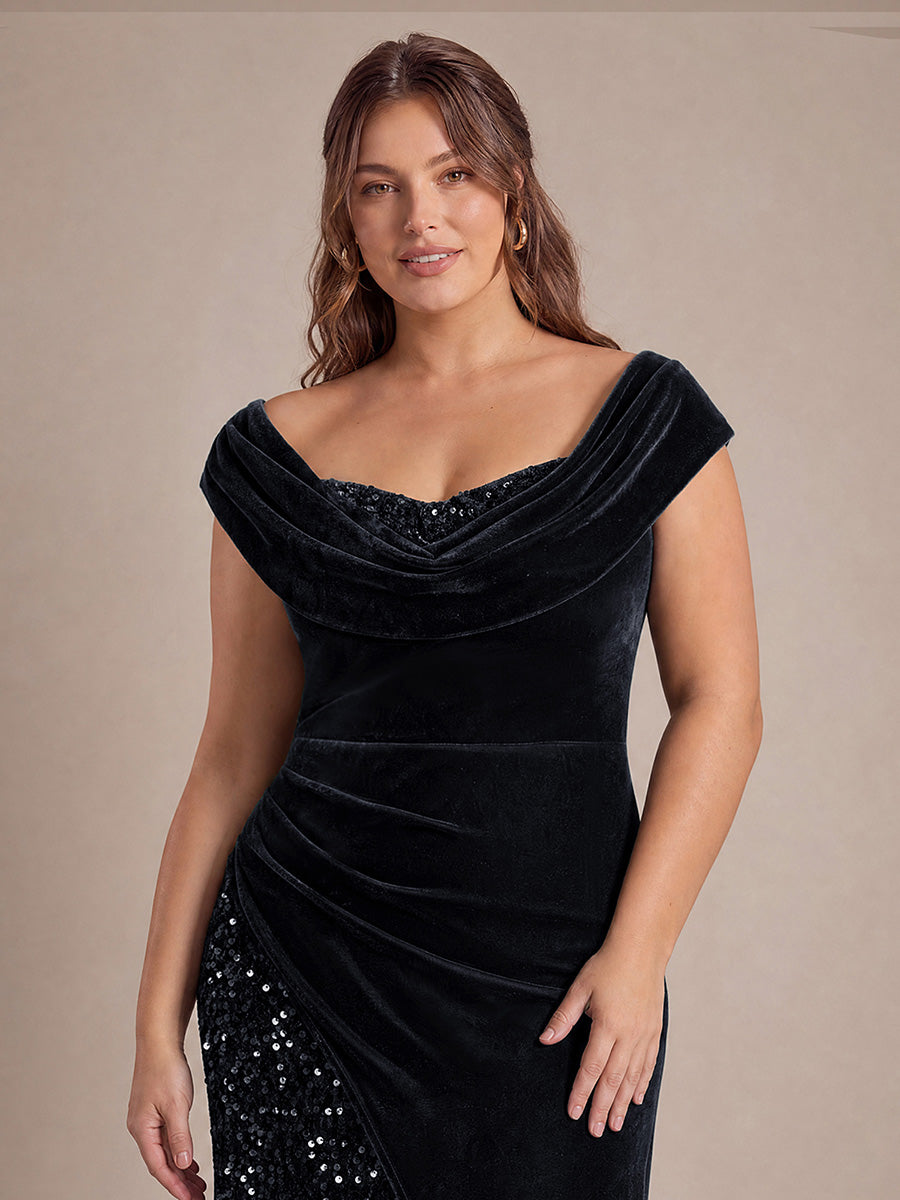 Robe A-Line à sequins maxi avec décolleté carré et manches courtes #Couleur_Noir