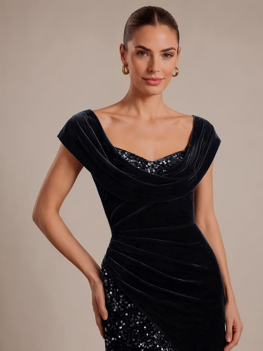Robe A-Line à sequins maxi avec décolleté carré et manches courtes #Couleur_Noir