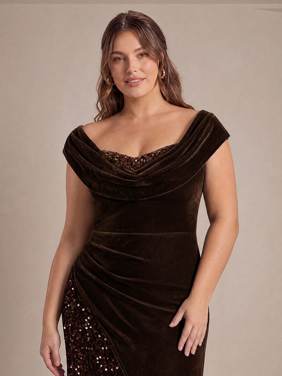 Robe A-Line à sequins maxi avec décolleté carré et manches courtes #Couleur_Marron chocolat