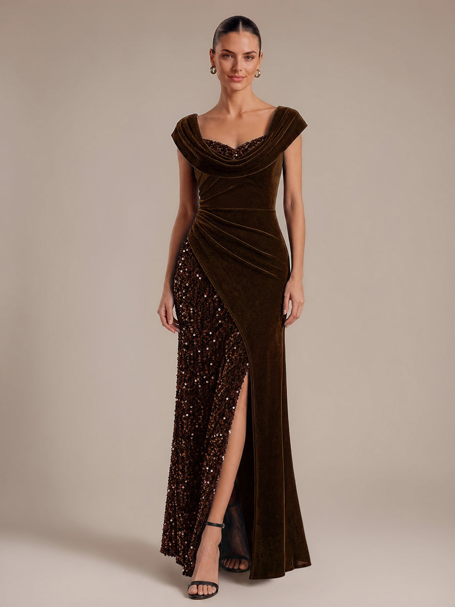Robe A-Line à sequins maxi avec décolleté carré et manches courtes #Couleur_Marron chocolat