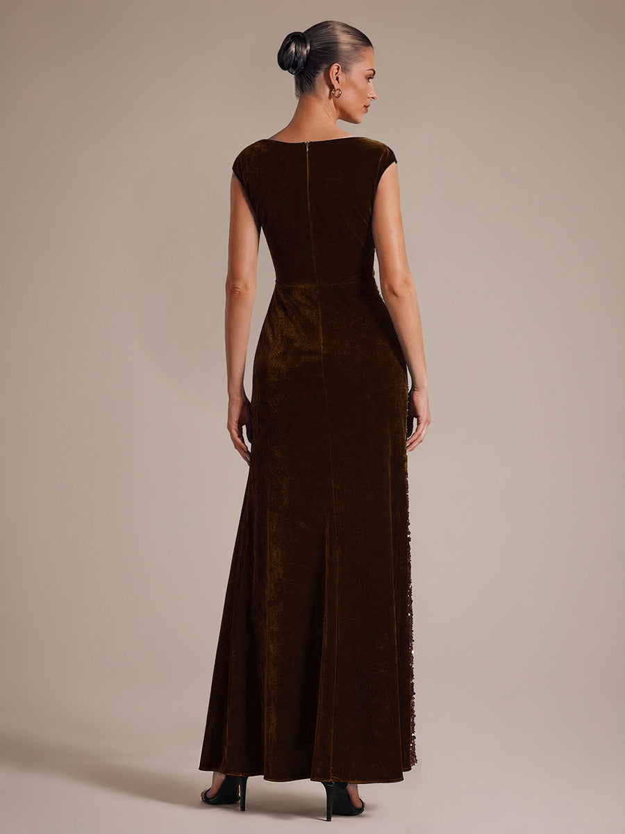 Robe A-Line à sequins maxi avec décolleté carré et manches courtes #Couleur_Marron chocolat