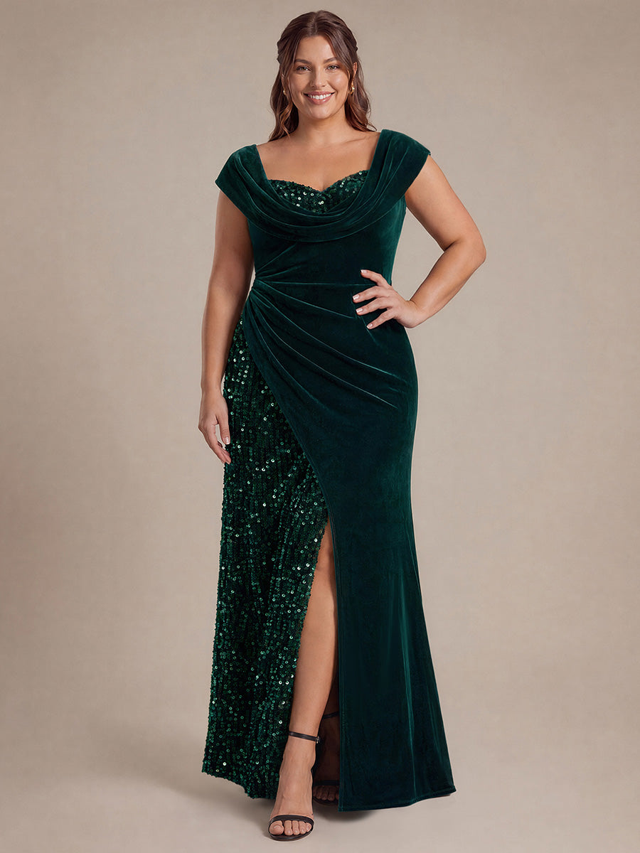 Robe A-Line à sequins maxi avec décolleté carré et manches courtes #Couleur_Vert Fonce