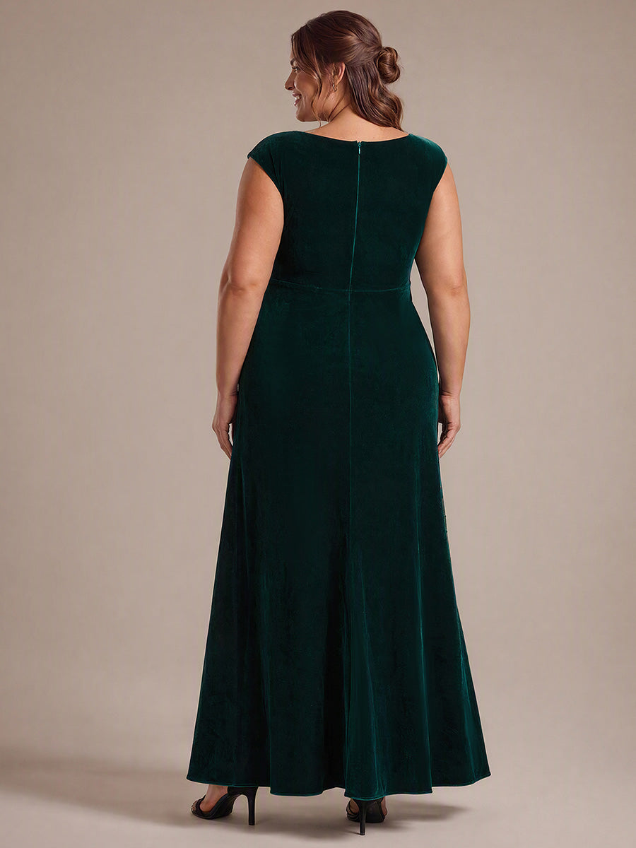 Robe A-Line à sequins maxi avec décolleté carré et manches courtes #Couleur_Vert Fonce