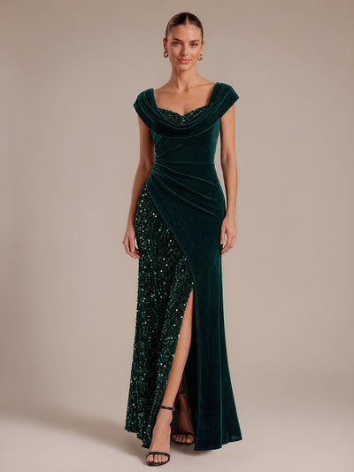 Robe de soirée longue en velours à sequins, fendue et drapée