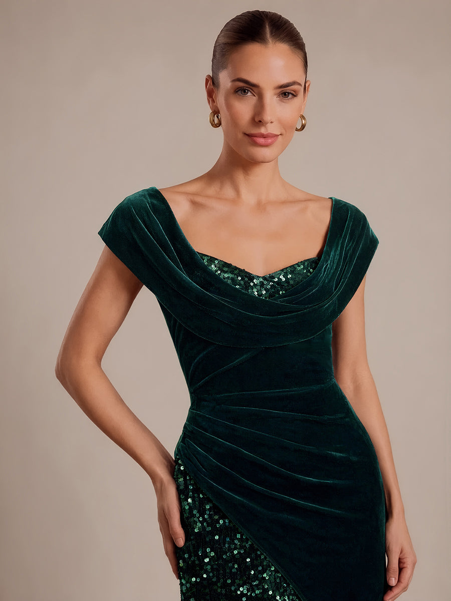Robe A-Line à sequins maxi avec décolleté carré et manches courtes #Couleur_Vert Fonce