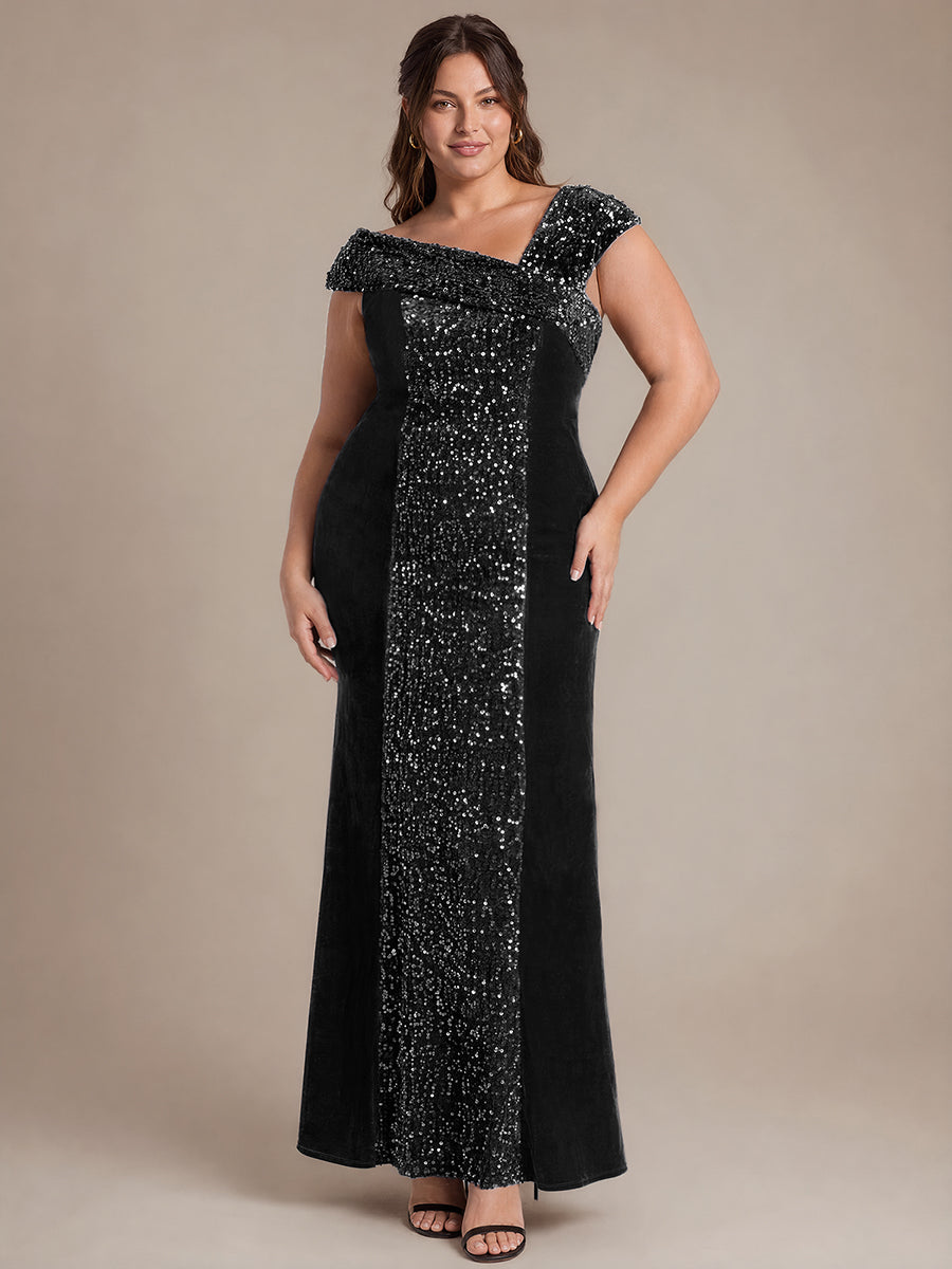Robe moulante asymétrique sans manches en sequins maxi #Couleur_Noir