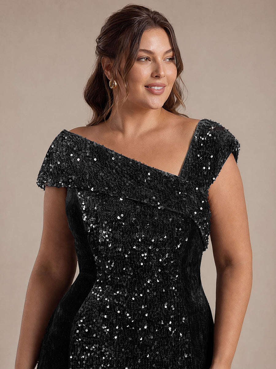 Robe moulante asymétrique sans manches en sequins maxi #Couleur_Noir