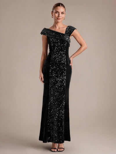 Robe de soirée maxi moulante à sequins et décolleté asymétrique