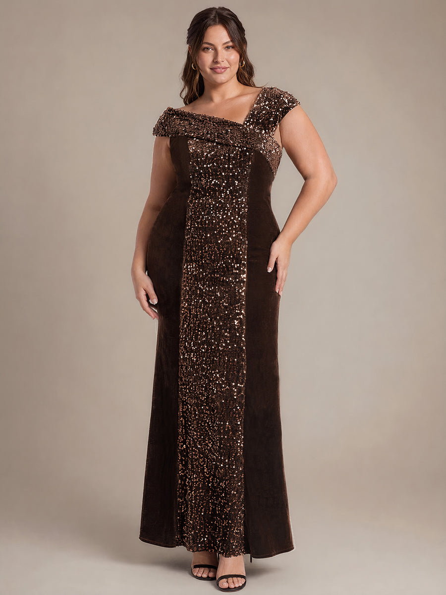 Robe moulante asymétrique sans manches en sequins maxi #Couleur_Marron chocolat