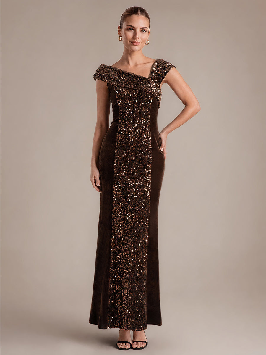 Robe moulante asymétrique sans manches en sequins maxi #Couleur_Marron chocolat