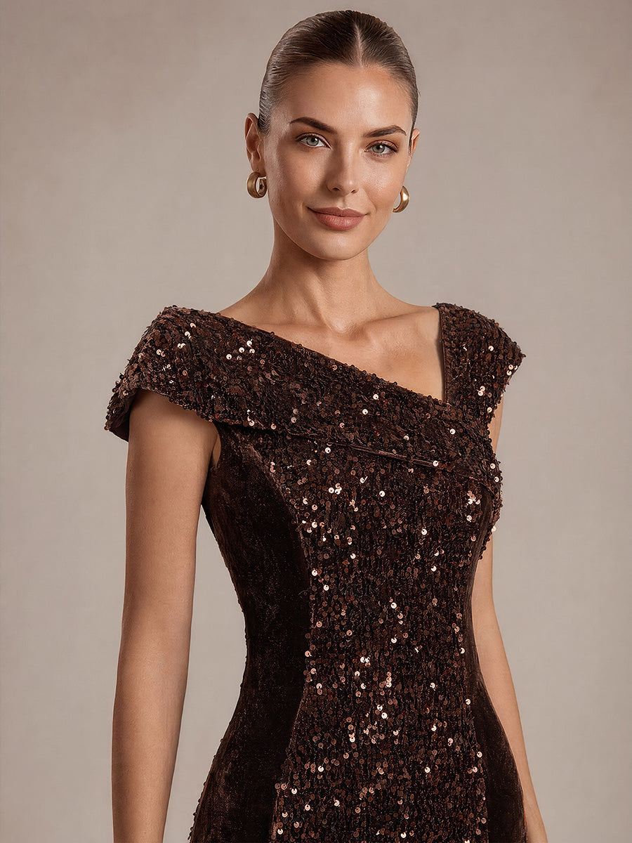 Robe moulante asymétrique sans manches en sequins maxi #Couleur_Marron chocolat