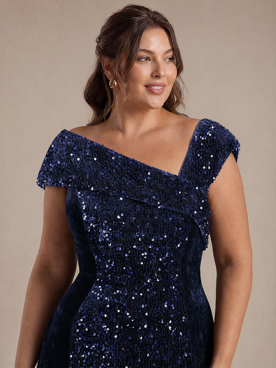 Robe moulante asymétrique sans manches en sequins maxi #Couleur_Bleu Marine