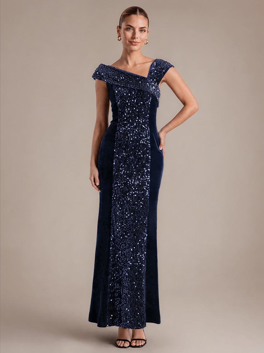 Robe moulante asymétrique sans manches en sequins maxi #Couleur_Bleu Marine