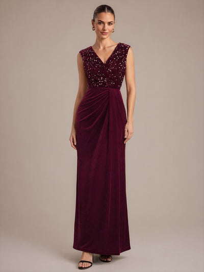 Robe de soirée maxi en velours drapé à décolleté en V