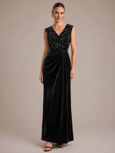 Robe de soirée maxi en velours drapé à décolleté en V