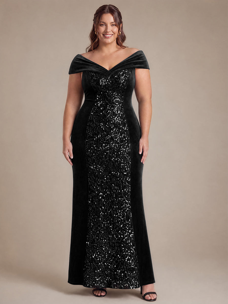 Robe A-Line à Manches Courtes en Sequins avec Décolleté en V Longueur Maxi #Couleur_Noir