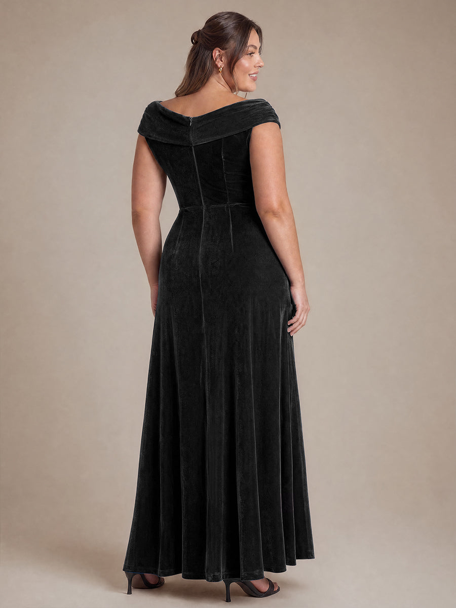 Robe A-Line à Manches Courtes en Sequins avec Décolleté en V Longueur Maxi #Couleur_Noir