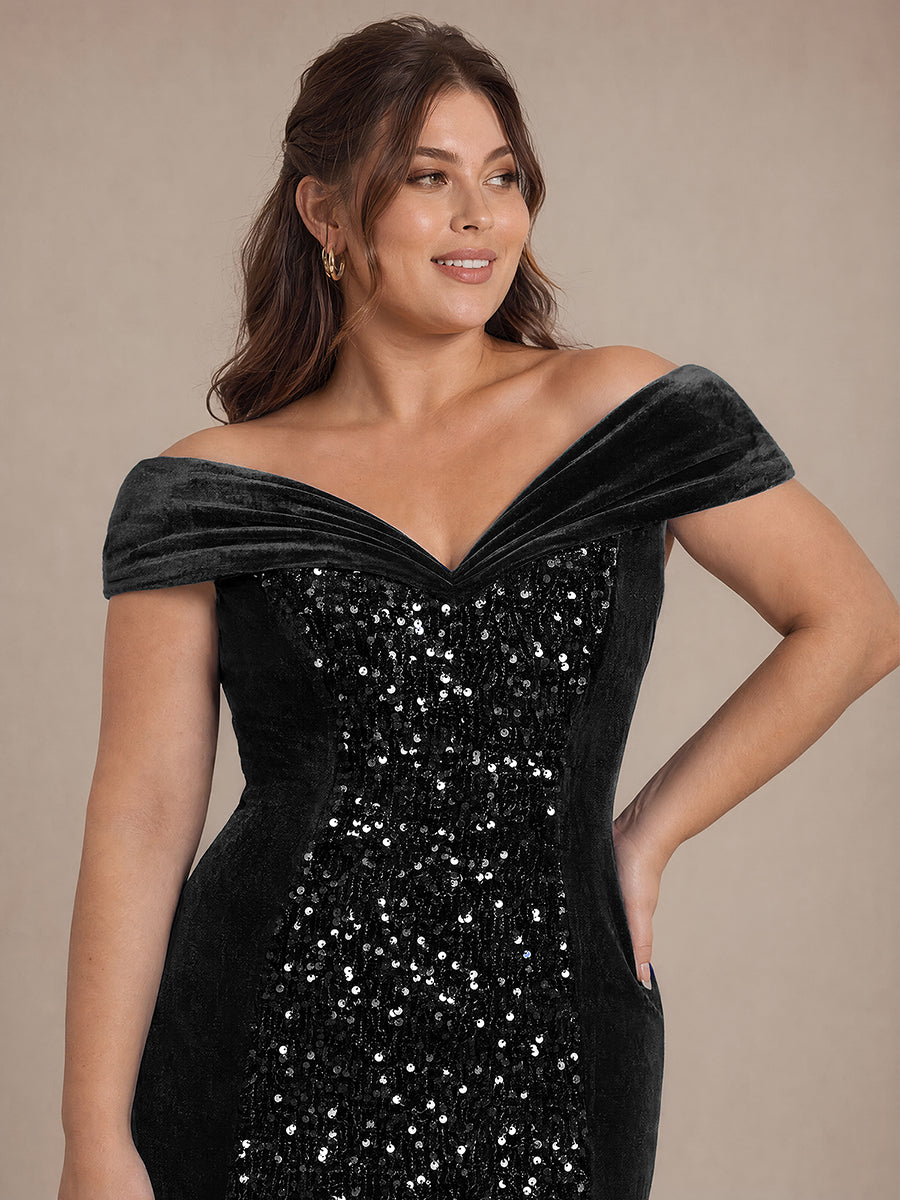 Robe A-Line à Manches Courtes en Sequins avec Décolleté en V Longueur Maxi #Couleur_Noir