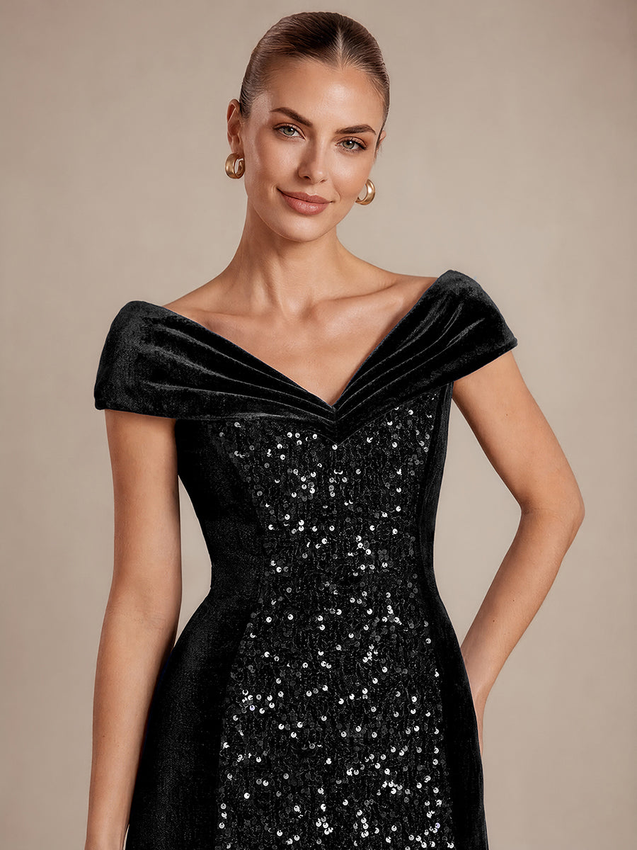 Robe A-Line à Manches Courtes en Sequins avec Décolleté en V Longueur Maxi #Couleur_Noir