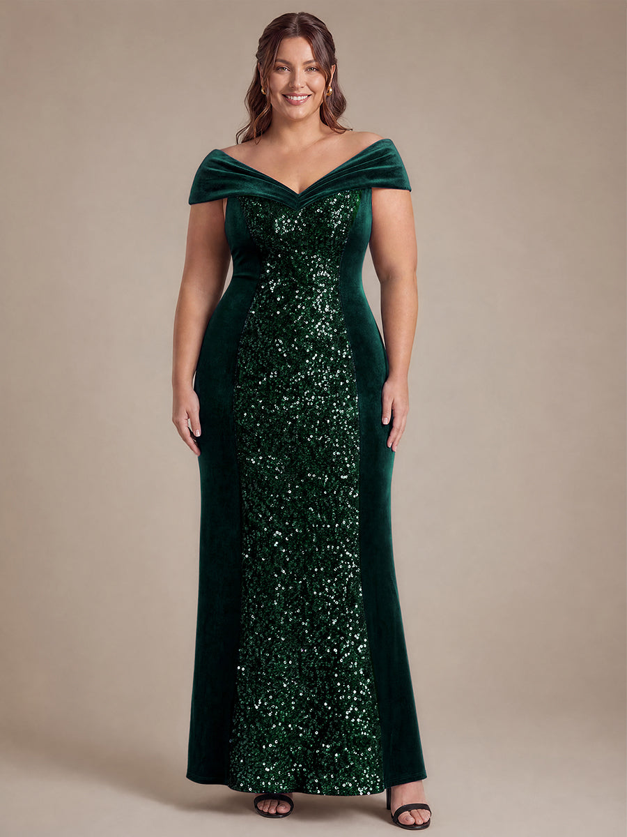 Robe A-Line à Manches Courtes en Sequins avec Décolleté en V Longueur Maxi #Couleur_Vert Fonce