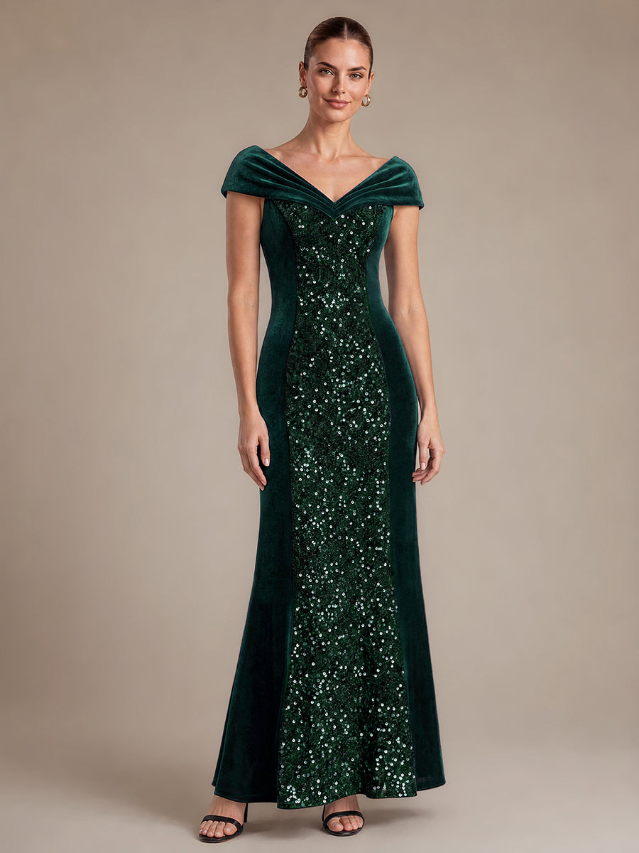 Robe A-Line à Manches Courtes en Sequins avec Décolleté en V Longueur Maxi #Couleur_Vert Fonce
