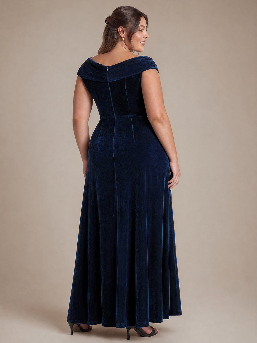 Robe A-Line à Manches Courtes en Sequins avec Décolleté en V Longueur Maxi #Couleur_Bleu Marine