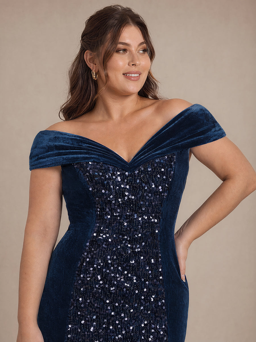 Robe A-Line à Manches Courtes en Sequins avec Décolleté en V Longueur Maxi #Couleur_Bleu Marine