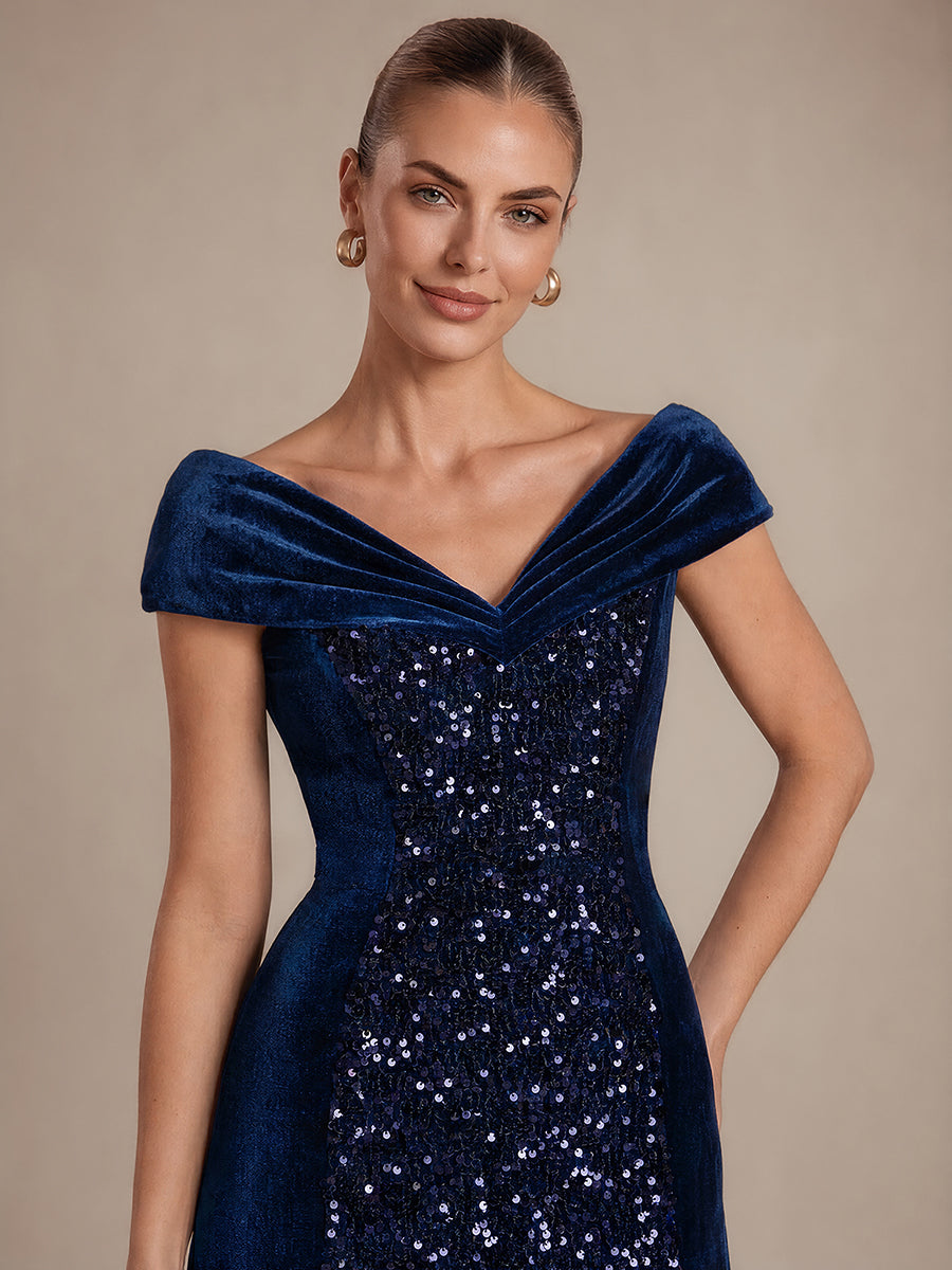 Robe A-Line à Manches Courtes en Sequins avec Décolleté en V Longueur Maxi #Couleur_Bleu Marine