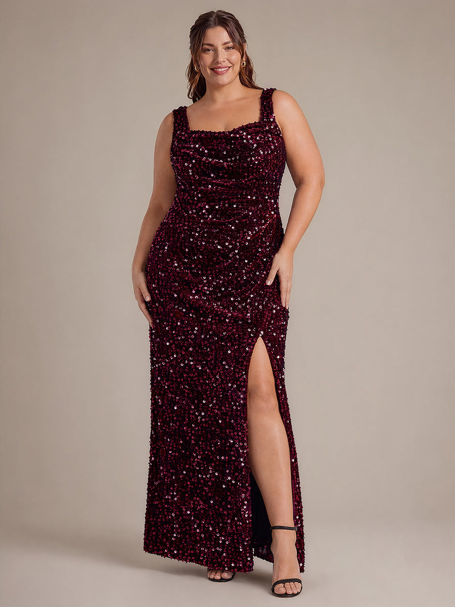 Robe maxi sans manches drapée en sequins avec décolleté carré et ourlet asymétrique #Couleur_Bordeaux