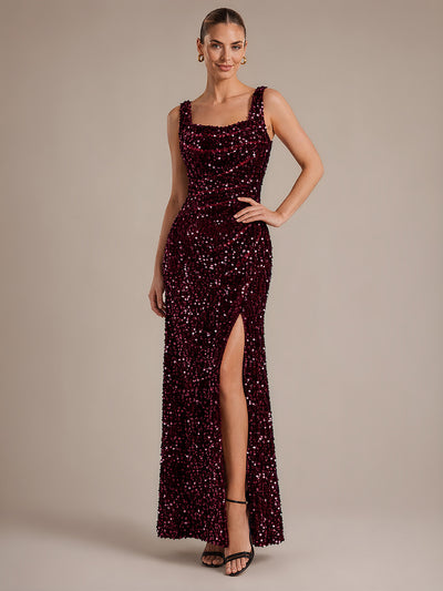 Robe de soirée maxi sans manches à sequins et décolleté carré