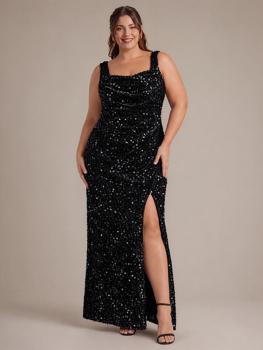 Robe maxi sans manches drapée en sequins avec décolleté carré et ourlet asymétrique #Couleur_Noir