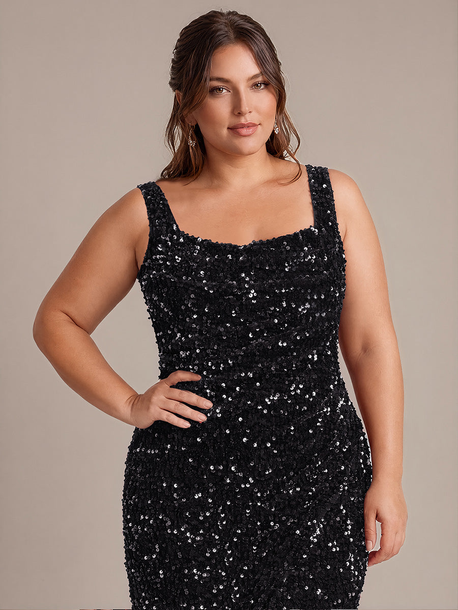 Robe maxi sans manches drapée en sequins avec décolleté carré et ourlet asymétrique #Couleur_Noir