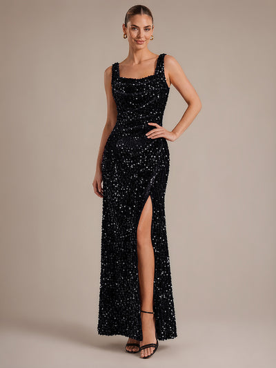 Robe de soirée maxi sans manches à sequins et décolleté carré