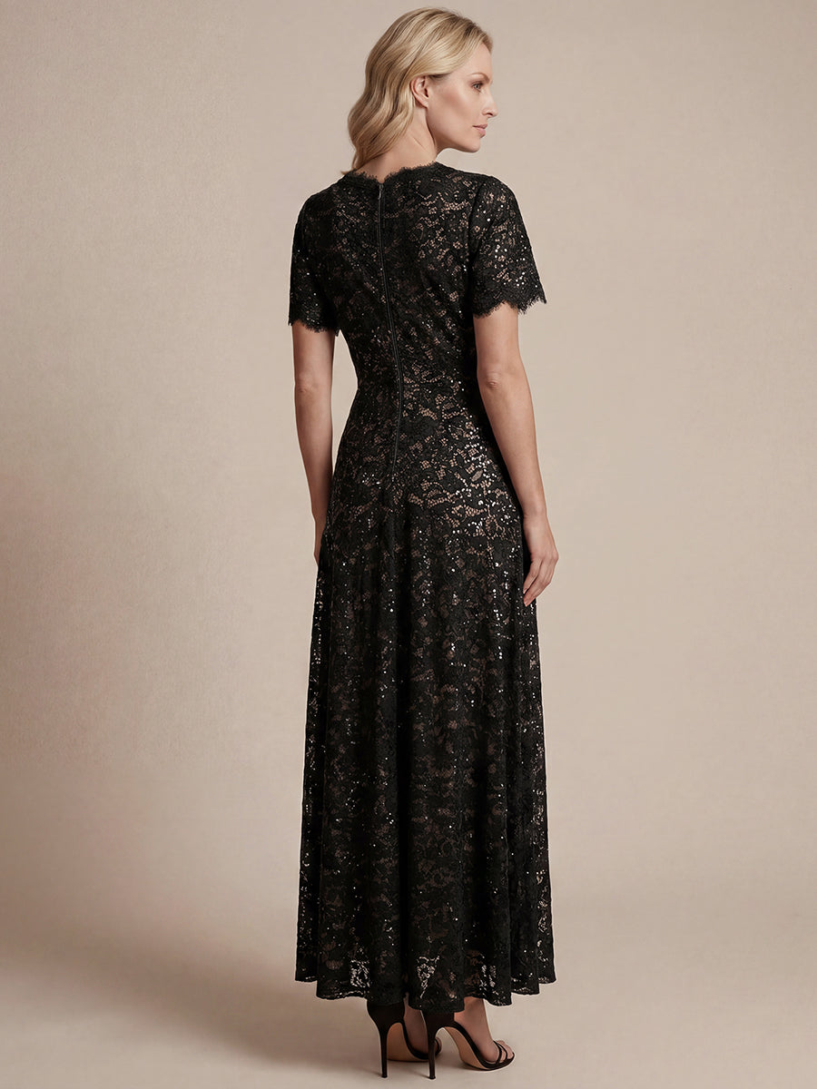 Robe longue à volants en sequins à manches courtes A ligne #Couleur_Noir